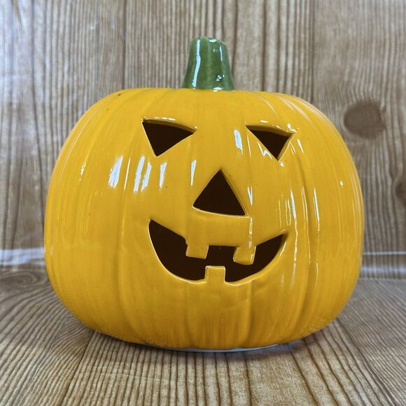 Halloween Ceramic Pumpkin Jack O Lantern Candle Cover Topper 7x7” - Picture 5 of 16